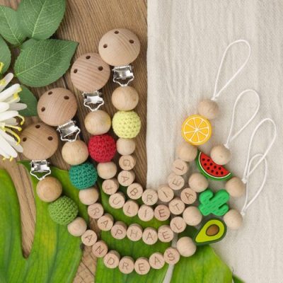 Personalized Wooden Pacifier Holder with Silicone Fruits